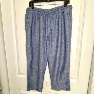 Blue linen cropped pants, elastic waist with pockets